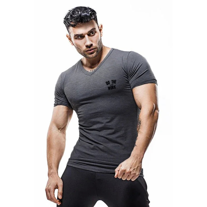Summer Men Gym Bodybuilding Casual Short Sleeve Compression V-neck  Cotton Breathable Basketball Training  Pumping iron T-shirts