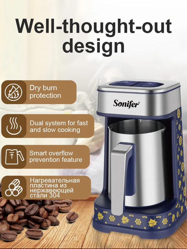 Turkish Coffee Maker Sonifer SF-3591 700W 250ml SUS304 Stainless Steel Pot Anti Spill Temperature Control Home Coffee Machine