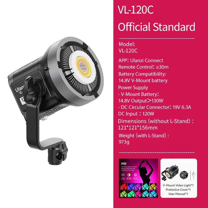 Ulanzi VL-120Bi VL-120C 120W V-Mount COB Video Light Wireless APP Control 2700K-6500K CRI＞95 for Video Photography Studio