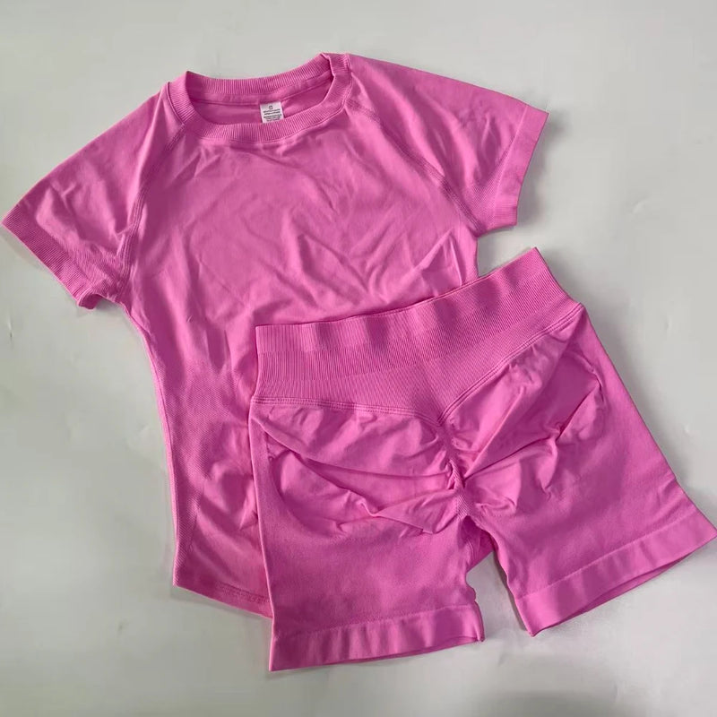 1-2 Pieces Sports Sets Short Sleeve Seamless Yoga Top Gym Suit T-shirt Set Fitness Set Women Workout Running Sports Shorts
