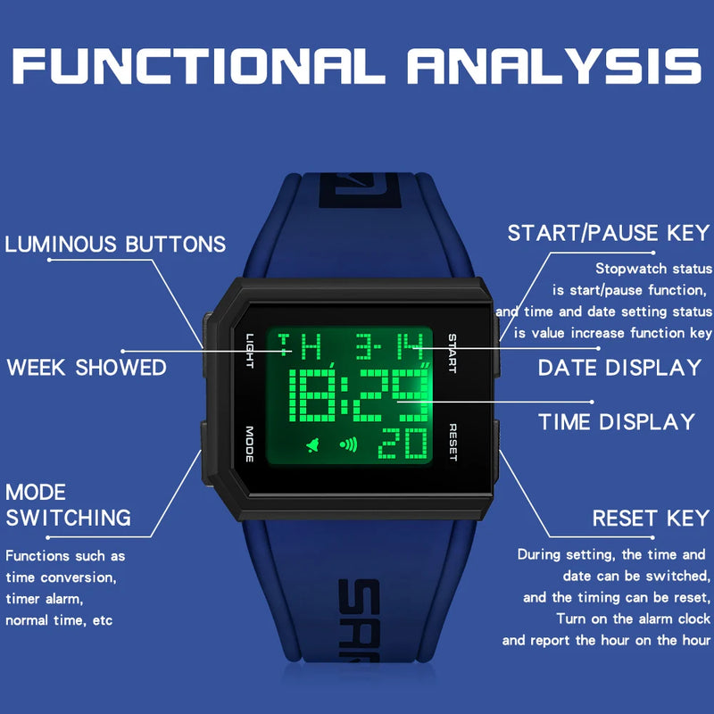 SANDA New Mens Watch Led Digital Display Date Wristwatch Square Dial Chronograph Man Sport Outdoor Electronic Watches
