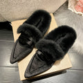 Women Luxury Velvet Mules Pointy Toe Slip-on Fur Sandals Ladies New Brand Design Outdoor Furry Slides Evening Party Heeled Shoes