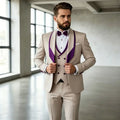 3 Pieces Men's Slim Fit Wedding Tuxedo Beige Groom Prom Dinner Blazer Vest Pants Set Classic Business Formal Suit for Men