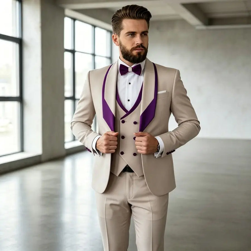 3 Pieces Men's Slim Fit Wedding Tuxedo Beige Groom Prom Dinner Blazer Vest Pants Set Classic Business Formal Suit for Men