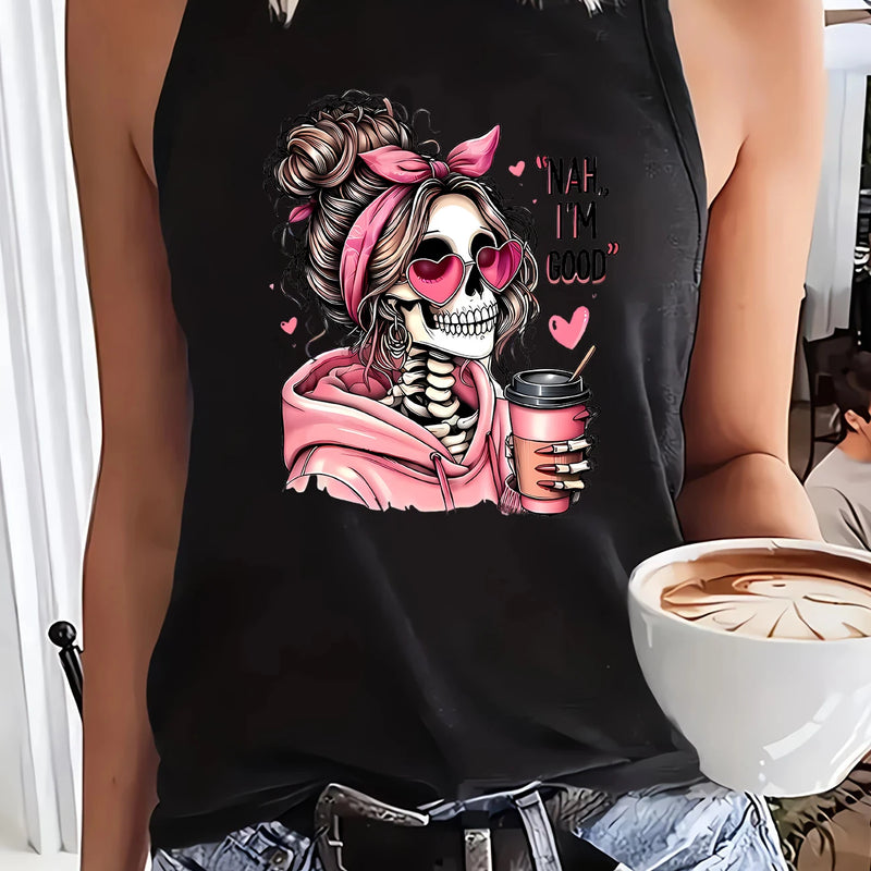 Funny Hip Hop Vest T-shirt Portrait Skeleton Tshirt Graphic Print Tank Top Women’s Sleeveless Crew Neck