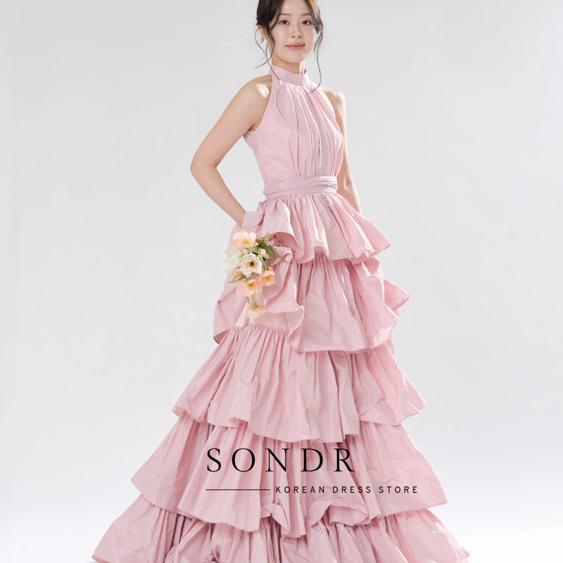 Sondr Tiered Pink Taffeta Halter Wedding Snap Dresses - View 4 | SAMAG