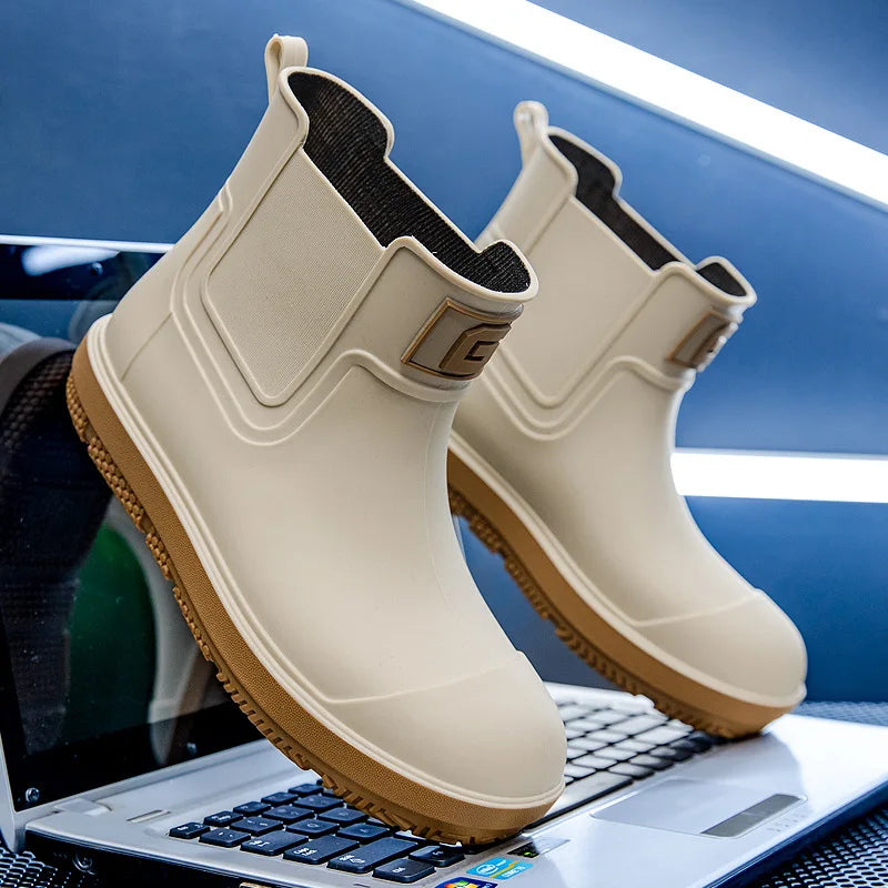 Men's Short-Tube Non-Slip Rain Boots Fashionable Low-Top Water Shoes, Pvc One-Time Molded Rain Boots, Pastoral Labor Waterproof