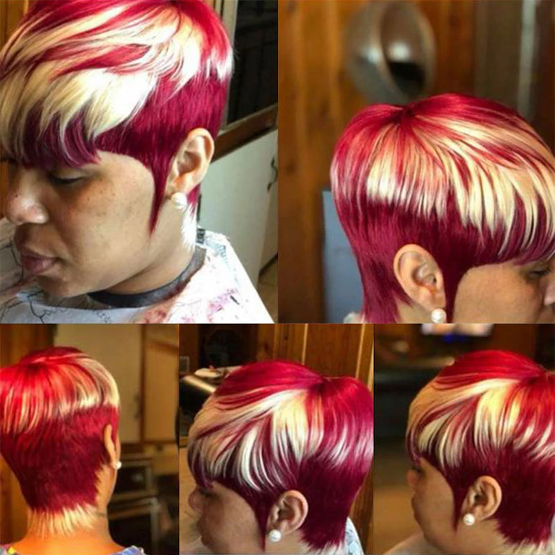 Short Human Hair Pixie Cut Wig For Black Women Short Wigs With Bangs Burgundy Human Hair Wig Full Machine Made Pixie Haircut Wig