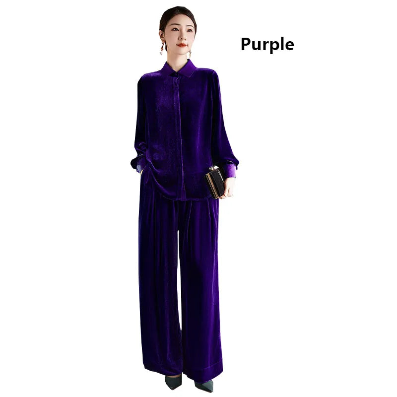Silk Velvet Spring Autumn Ladies Set Long Sleeves and Trousers Two Pieces Elegant Temperament Light Luxury Outdoor Women's Wear