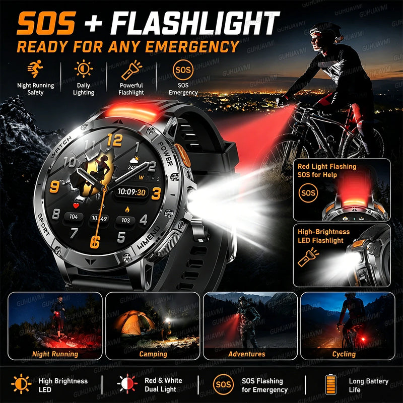 Military Grade Alloy Smartwatch 1400mAh Long Standby Waterproof SOS Emergency Flashlight BT Call Outdoor Sports Watch For Men