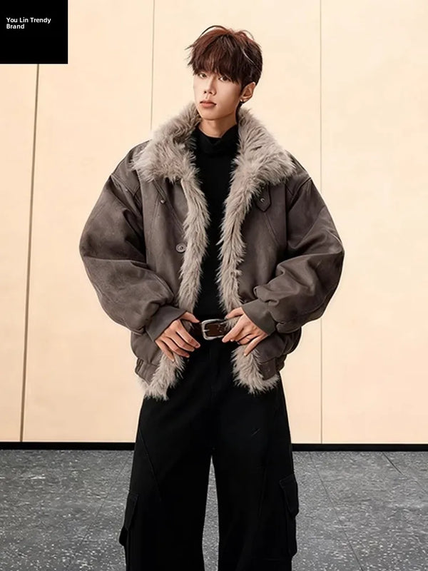Café Brown Fur Collar Short Thickened Men's Jacket Winter Coat Youth Fashion Suede Mink Velvet Cotton Clothes for Men