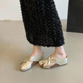 Women's Soft Leather Silver Bow Mules, Round Toe Soft Sole Slip-Ons, Wide & Chubby Feet Friendly, Casual All-Match Slide Sandals