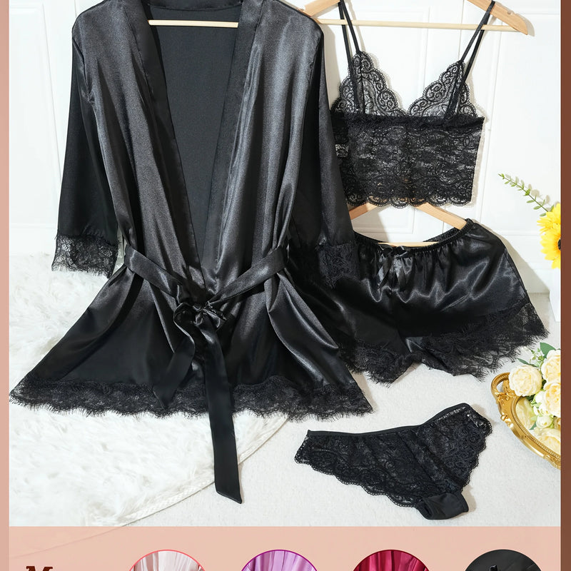 Women Satin Pajama Set Robe Lace Lingerie Sexy Silk | SAMAG