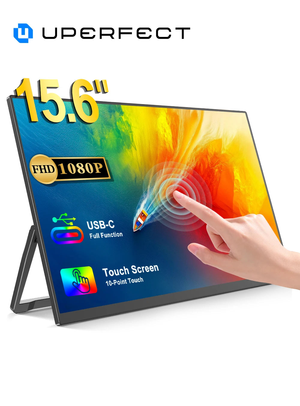UPERFECT Portable Monitor Touchscreen 15.6" 100% SRGB 1080P with Speaker Kickstand Touch Display USB-C HDMI Ultra-Slim Second Screen for Laptop MacBook Surface PC Phone