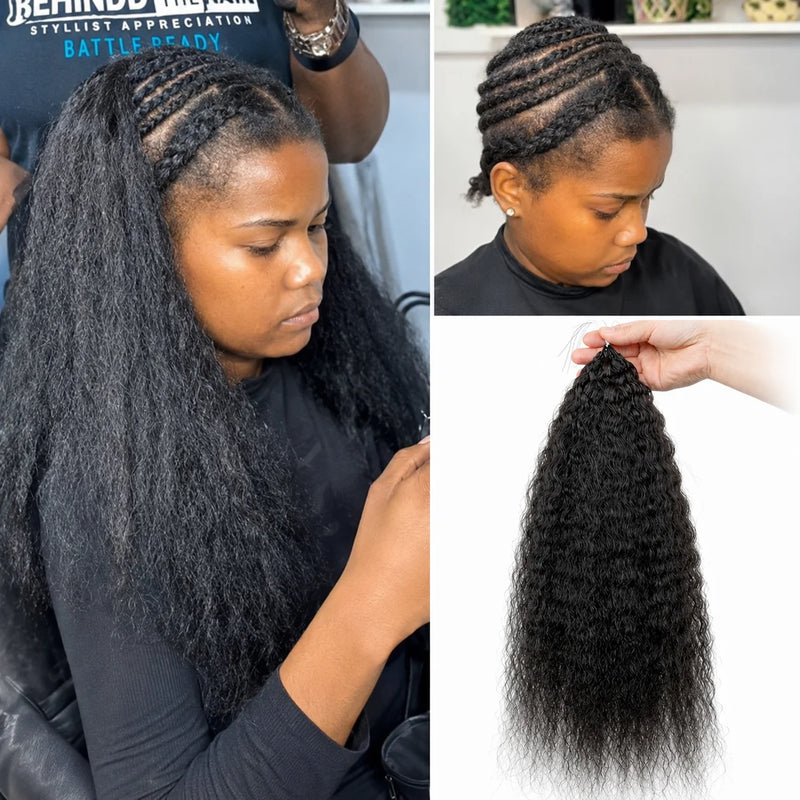 Kinky Straight Feather Crochet Human Hair Extensions Pre Separated Knotless Invisible Braiding Hair 100% Virgin Brazilian Human Hair Reusable 60g 50 Strands Natural Black Boho Braids For Women DIY Styling