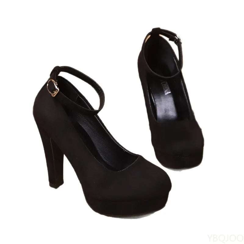 2026 Large Size New Fashionable Suede Thick Heel Buckle Women's High Heels Waterproof Platform Party Black Women's Single Shoes