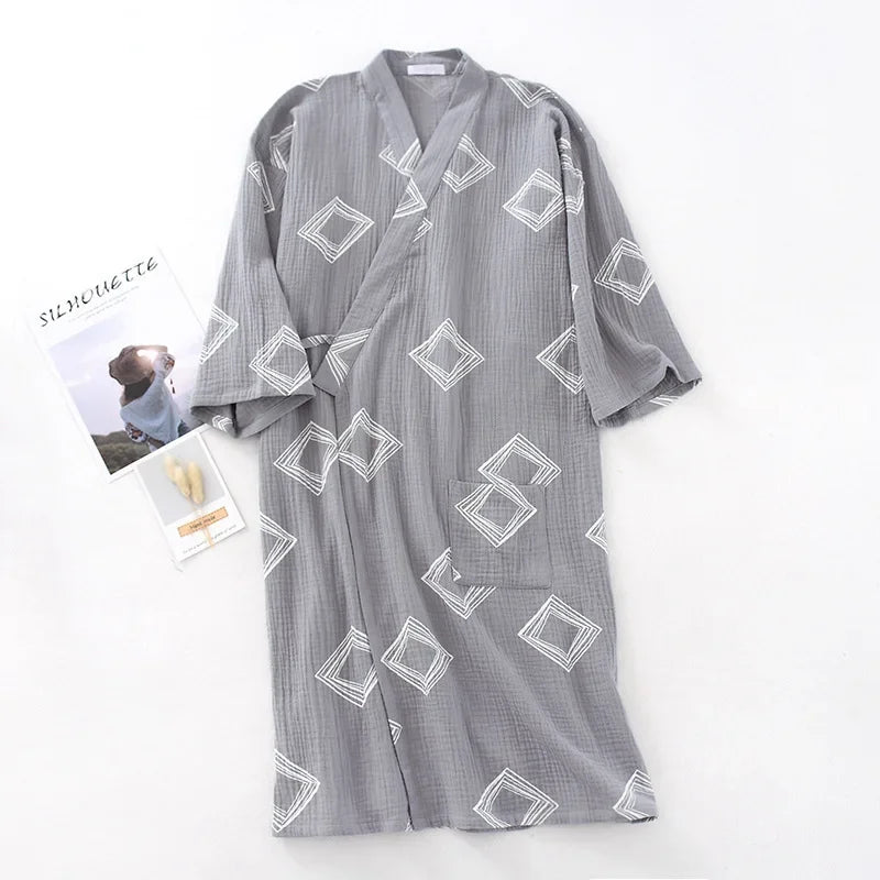 Men's Cotton Crepe Cloth Pajamas Robe Japanese Kimono Cardigan Sleepwear Print Homewear Two-layer Gauze Comfort Bathrobe for Men
