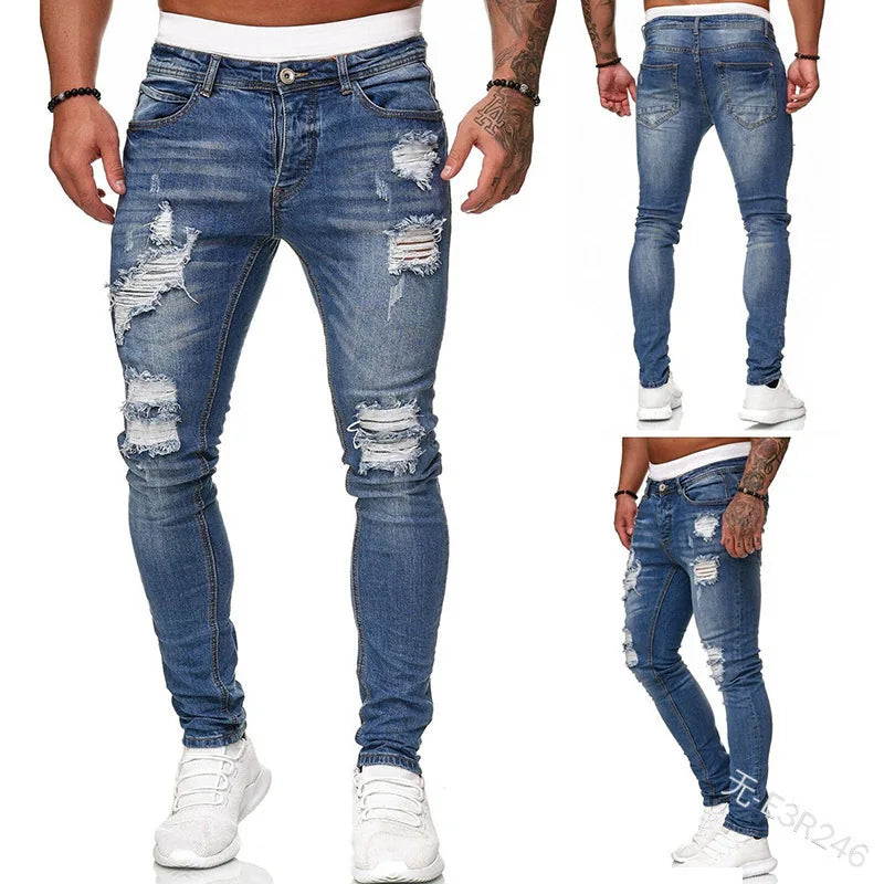 Mbroidery Skinny Ripped Jeans Men Cotton Stretchy Hole | SAMAG