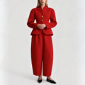 Laru 2026 New Women Two Piece Set V Neck Peplum Blazer with Barrel Leg Pants Gold Button Slim Fit Elegant Business Office Outfit