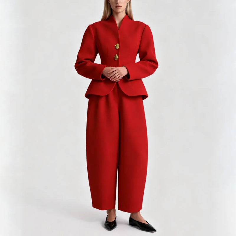 Laru 2026 New Women Two Piece Set V Neck Peplum Blazer with Barrel Leg Pants Gold Button Slim Fit Elegant Business Office Outfit