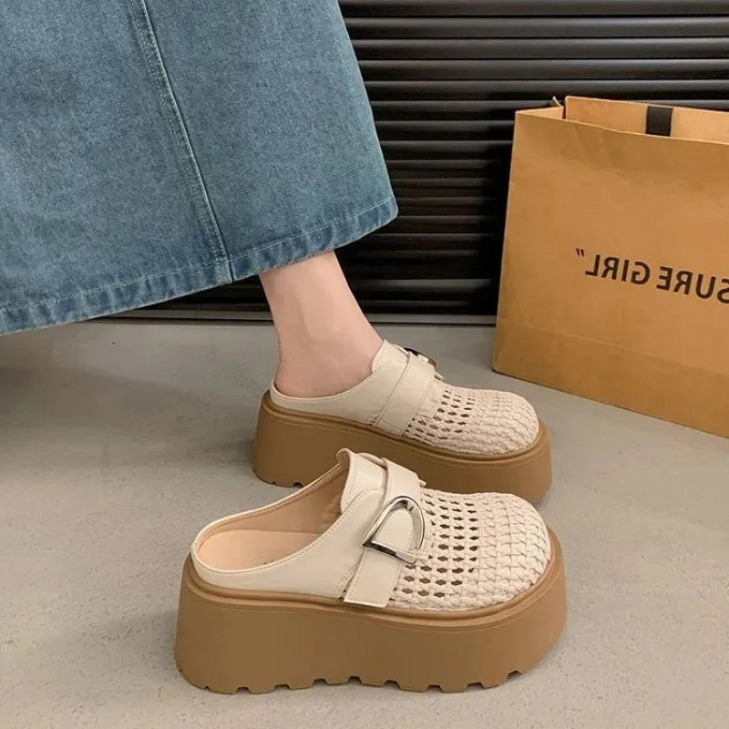 2026 Women's Chunky Platform Mules, Round Toe Hollow Slip-on Sandals, Retro Lug Sole Comfortable Height Boosting Shoes