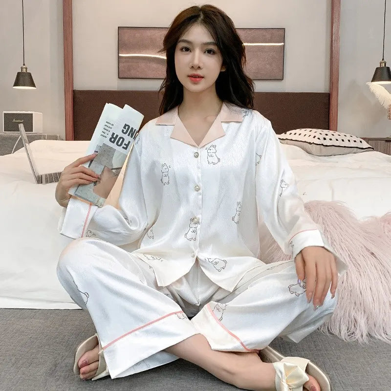Women's Ice Silk Pajama Set Long Sleeve Pants Lightweight | SAMAG