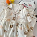 Cartoon Hello Kitty Summer Cardigan Lapel Women's Pajama Set Cloud Cotton Cute Printed Casual Loungewear Three-piece Set