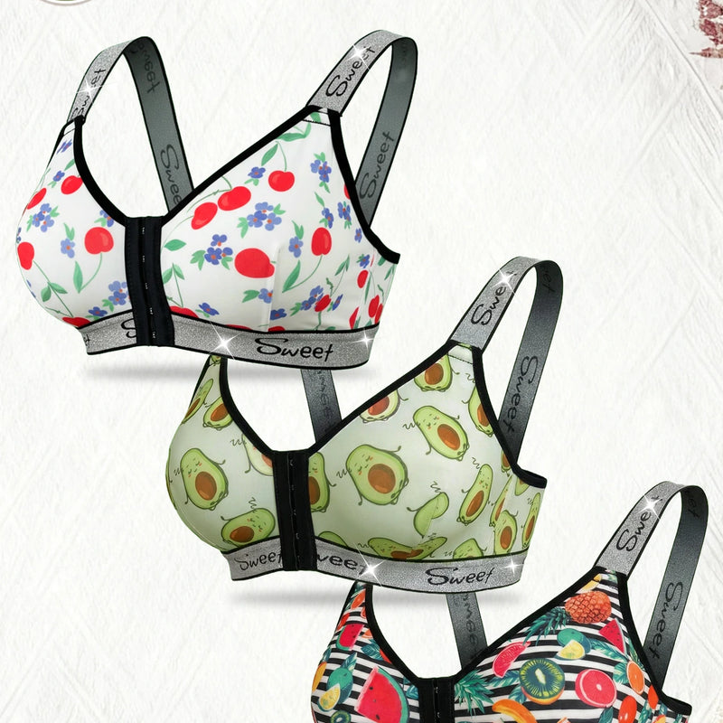 3 Pack Women's Wireless Bra, Mixed Fruit Print Front Closure Shiny Trim Comfort Bralette