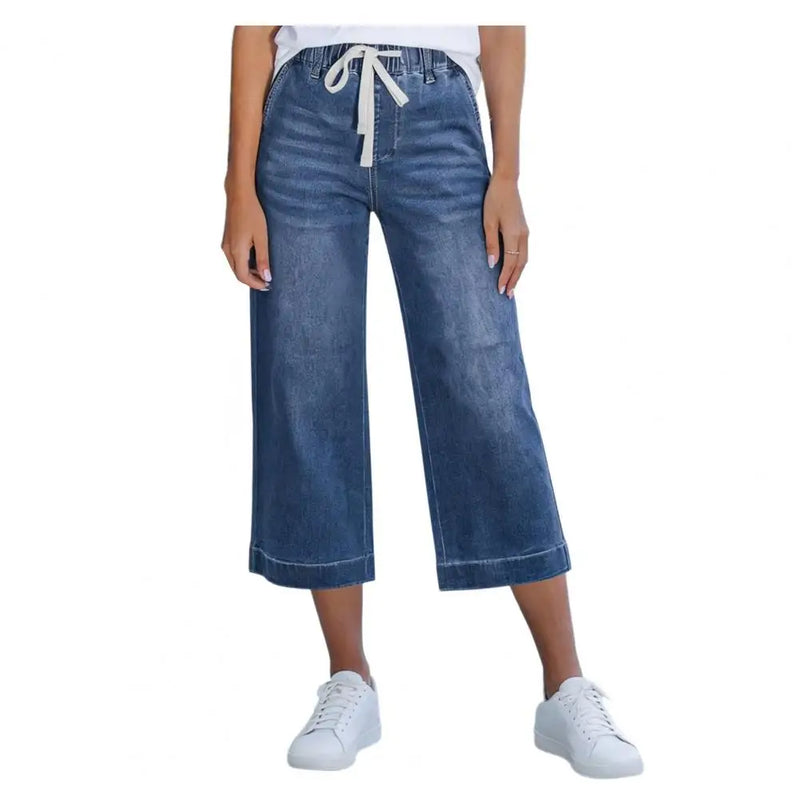 Cropped Pants for Women, High-Stretch Denim Wide-Leg Trousers, Drawstring Waistband Casual Summer Pants Denim Jeans Women