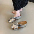 Women's Soft Leather Silver Bow Mules, Round Toe Soft Sole Slip-Ons, Wide & Chubby Feet Friendly, Casual All-Match Slide Sandals