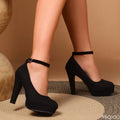2026 Large Size New Fashionable Suede Thick Heel Buckle Women's High Heels Waterproof Platform Party Black Women's Single Shoes