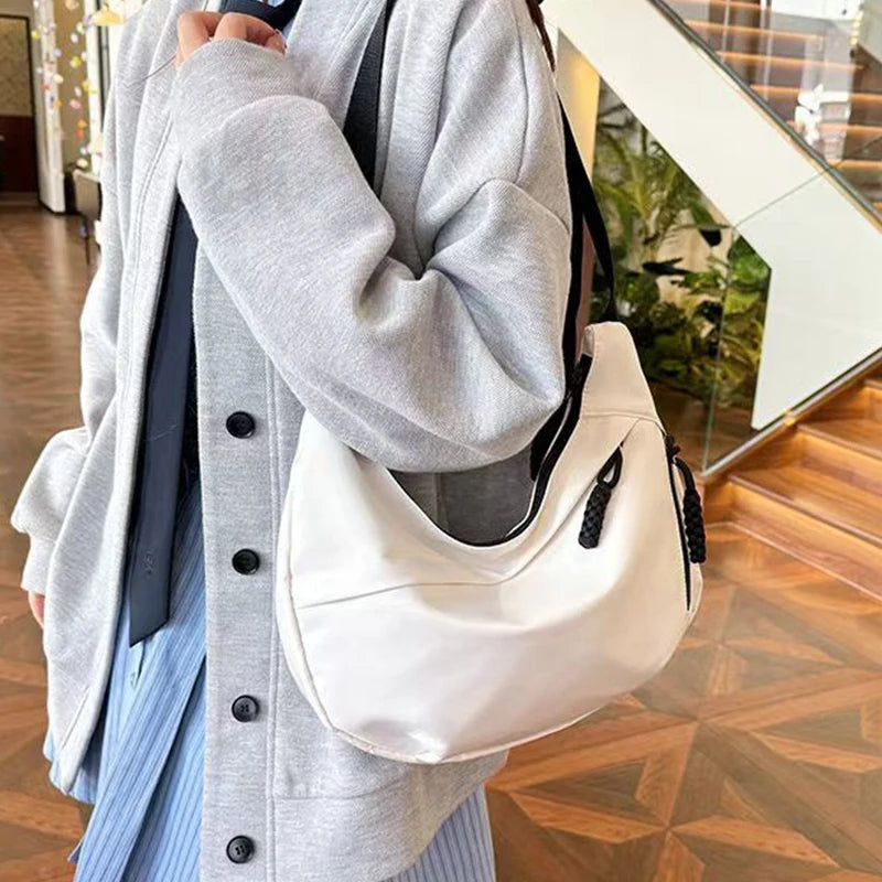 Casual Women's Nylon Crossbody Bag, Large Capacity Hobo Shoulder Purse with Adjustable Strap, Black/White/Khaki for Daily Use