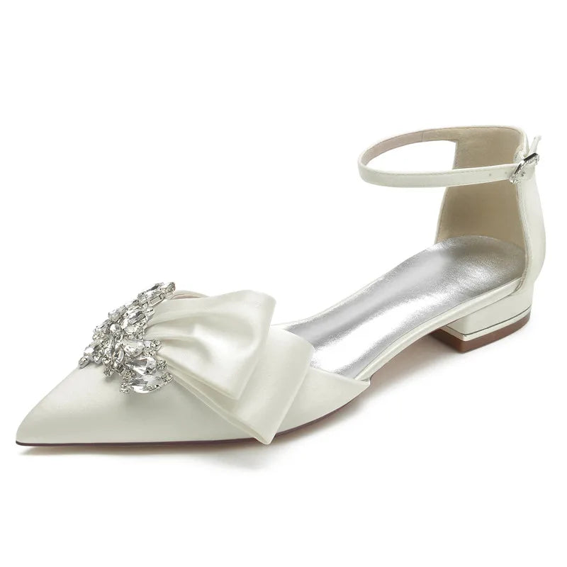 Satin Rhinestones Wedding Flats Shoes Pointed Toe Ankle Buckle Strap Women Flat Sandals for Bridesmaids/Prom/Evening