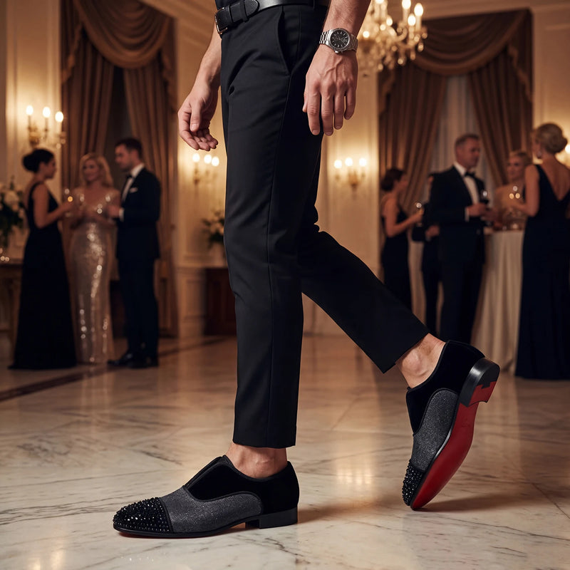 Piergitar Toe Cap Crystals Feature Luxurious Patchwork Velvet Oxfords Shoe Handmade Men Dress Shoes CL Same Red Sole Alpha Flats