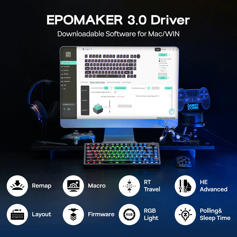 EPOMAKER HE75 V2 75% ANSI US Layout Tri-mode Wireless Hall Effect Gaming Keyboard 0.005mm Adjustable Actuation/Rapid Triggering
