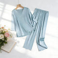 20MM 100% Natural Mulberry Silk Satin Pajama Set Solid Color V-neck Three-quarter Sleeve Tops Pants Women's Home Suit Set