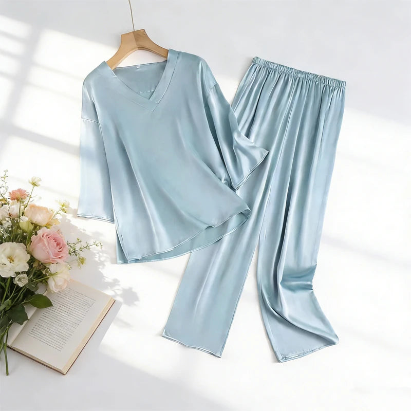 20MM 100% Natural Mulberry Silk Satin Pajama Set Solid Color V-neck Three-quarter Sleeve Tops Pants Women's Home Suit Set