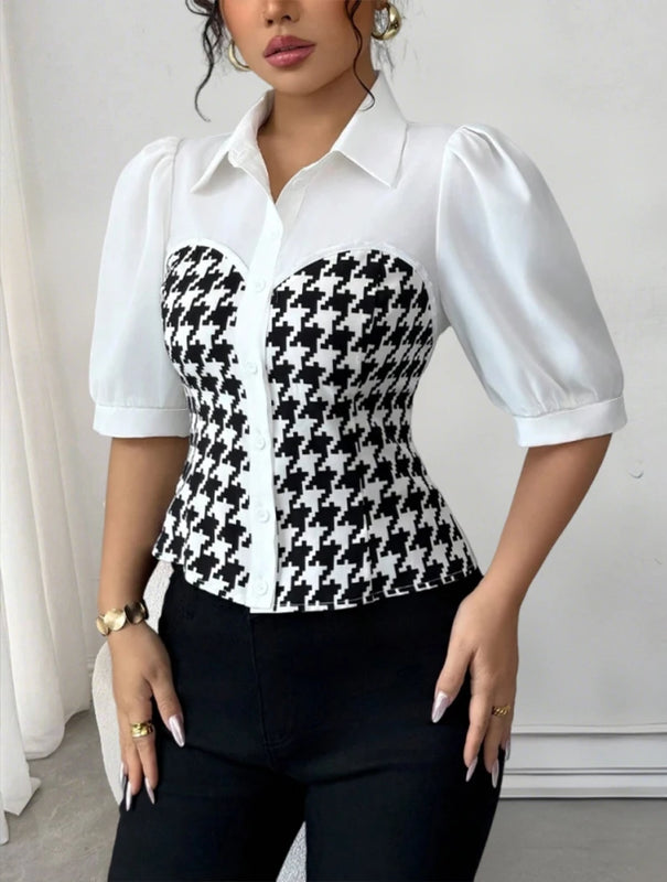 Women's Blouse Spring Summer Black White Tops Houndstooth - View 3 | SAMAG