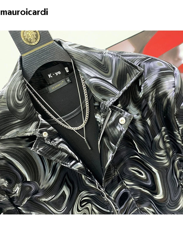 Mauroicardi Spring Autumn Cool Short Black Shiny Geometric Faux Leather Jacket Men Zipper Stylish Luxury Designer Clothes