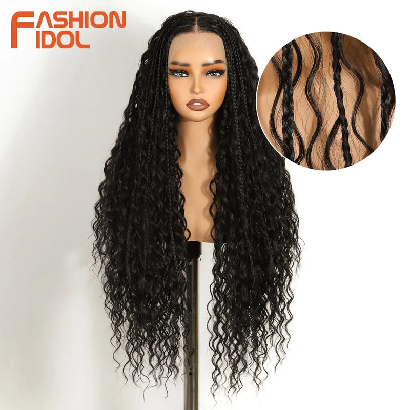 FASHION IDOL 13x4 Twist Box Braided Lace Frontal Wigs For Women Synthetic Braids Wigs Ivory White Faux Locs Goddess Lace Wigs