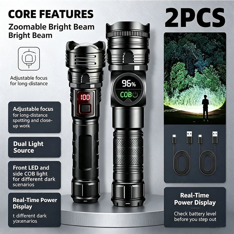 2PCS Super Bright Rechargeable LED Flashlight with COB Side Light & Digital Display, USB-C Fast Charging, Zoomable Tactical Torch for Outdoor Camping Hiking Emergency