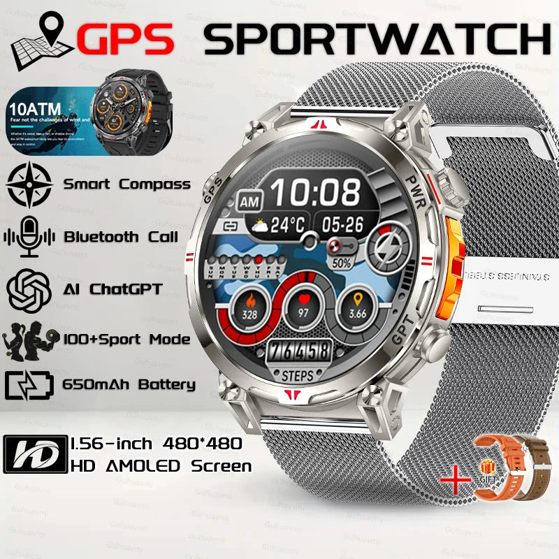 2026 New Outdoor GPS Sports Smartwatches Men Compass 10ATM Waterproof 24/7 Health Monitoring Chat GPT Bluetooth Call Smart Watch