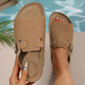 Women's Buckle Cork Slides Breathable Slippers Open Toe Suede Flat Sandals for Beach Wear