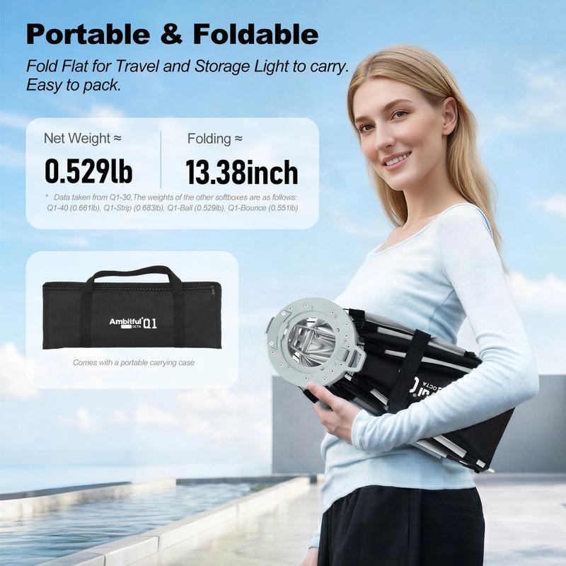 AMBITFUL Q1 Mini Bowens / GODOX Mount 30cm 45cm Octa Softbox 20*55cm Strip Softbox 30cm Softball 45cm Bounce Softbox For GODOX