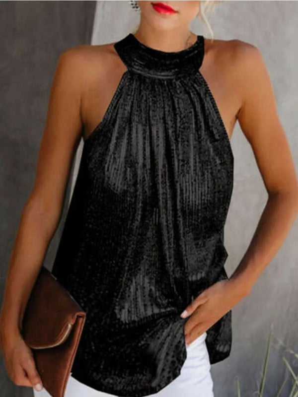 Women Gold Blouse 2025 New Fashion High Neck Sleeveless Hatler Tank Top Vest Summer Casual Loose Blouse Shirt Tee