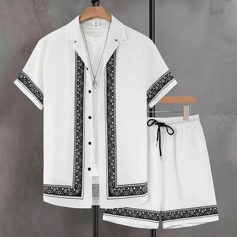 Men's Summer Holiday Suit Retro Textured Printed Border Shirt Short Sleeve Two Piece Breathable Pool - View 6 | SAMAG