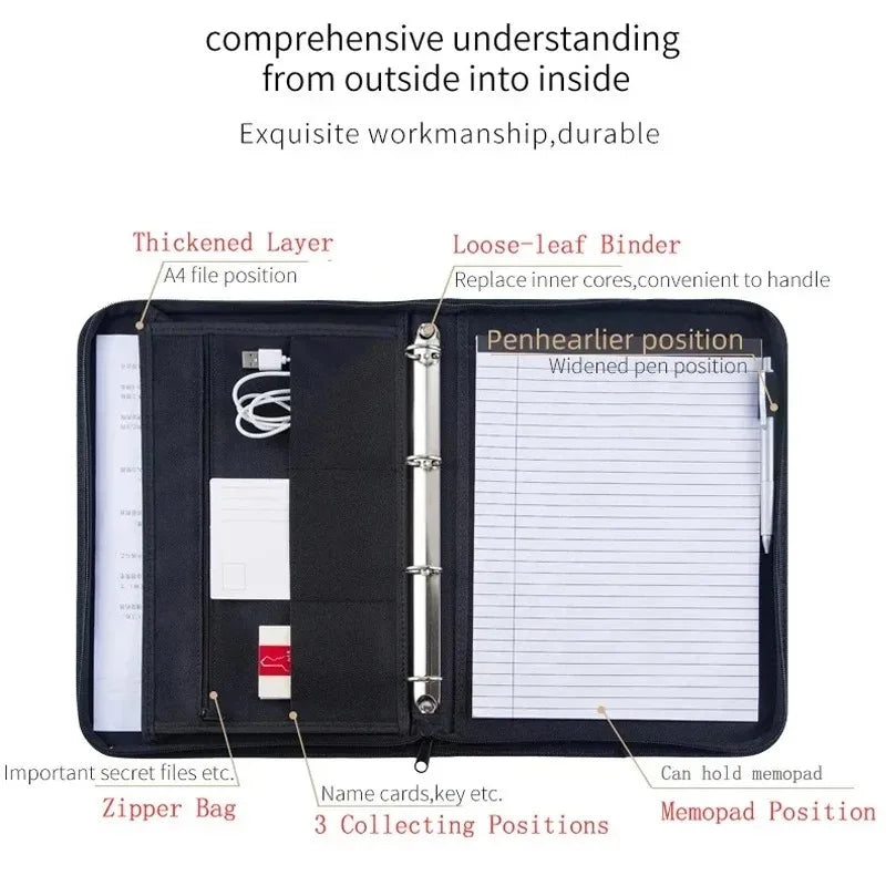 Large Black Business Portfolio File Document Folder Zipper A4 Paper Organizer Bag Padfolio Binder Briefcase Conference Office