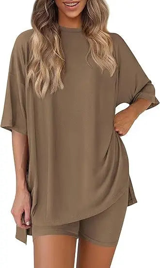 2026women's New Fashion Trend Basic High-quality Casual Round Neck Slit Loose Casual and Comfortable Women's Two-piece Home Suit