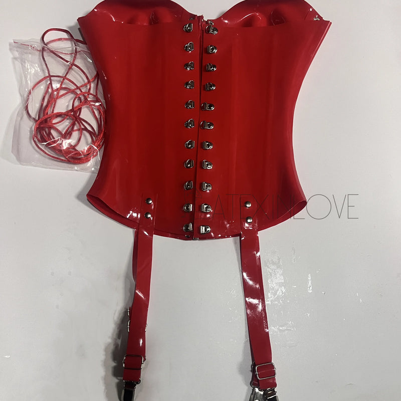 Sexy Red 0.8mm Thicker Latex Corset Bustier Body Shape Detachable Breast Cup with Front Zip Back Lace