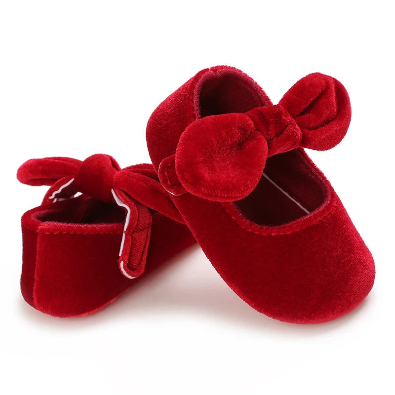 0-18M Newborn Infant Baby Girls Shoes Velvet Red Christmas 0-18M Princess Girl Baby Shoes Bow First Walkers